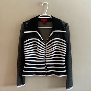 JS Collections Black & White Faux Striped Corset Blouse w Mesh Sleeves & Buttons